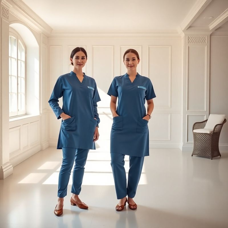 Two Co of Manchester therapists in ink-blue uniforms in the warm-white studio