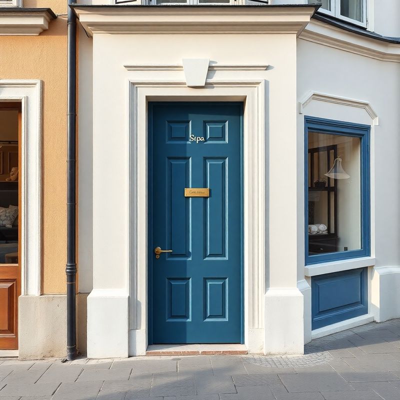 Ink-blue door of the Co of Manchester studio at Rathausplatz 12, Sankt Pölten