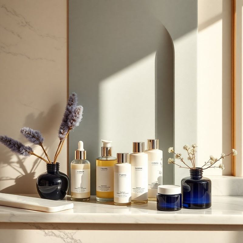 Ink-blue and warm-white spa studio interior with Austrian botanical products on a marble shelf